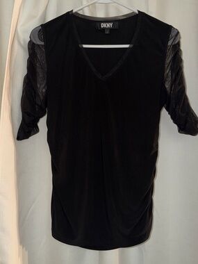 DKNY Black V-Neck Short Sleeve Top with Sheer Sleeves